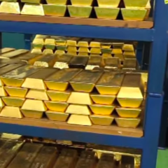 Several pure gold bars stacked securely inside a professional secure depository vault.